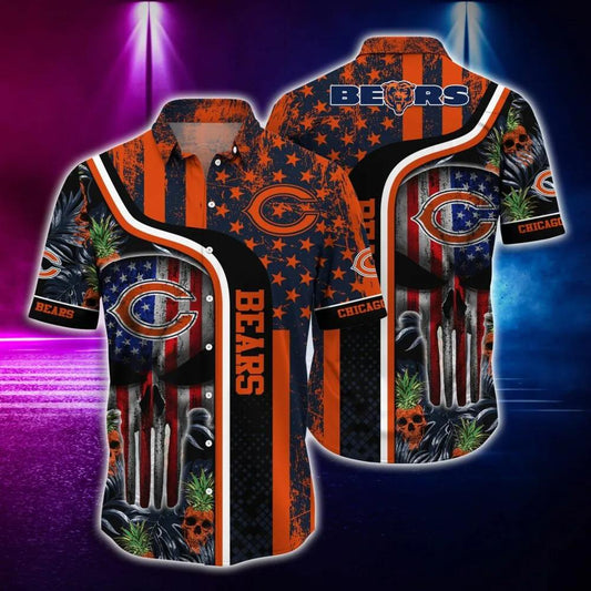 Chicago Bears NFL US FLag Skull Tropical Hawaiian Shirt, NFL Hawaiian Shirt Moonbestprint