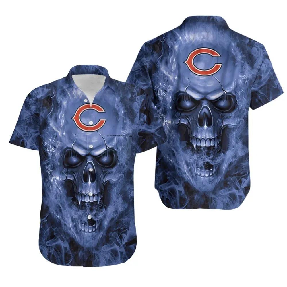 Chicago Bears Nfl Fan Skull Hawaiian Shirt Print Short Sleeve Hawaiian Aloha Shirt, NFL Hawaiian Shirt Moonbestprint