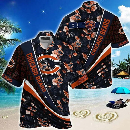 Chicago Bears Nfl Football With Tropical Flower Pattern Hawaiian Shirt For Fans, NFL Hawaiian Shirt Moonbestprint