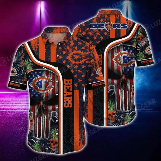 Chicago Bears Nfl Hawaiian Shirt Graphic Tropical Pattern Skull Punisher 3D Printed Best Gift For Fans, NFL Hawaiian Shirt Moonbestprint