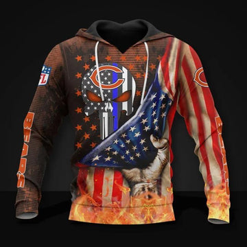 Chicago Bears Skull American Flag All Over Print Hoodie, NFL Hoodie Moonbestprint