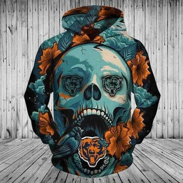 Chicago Bears Skull Flower 3D Hoodie, NFL Hoodie Moonbestprint