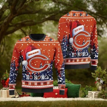Chicago Bears Symbol Wearing Santa Claus Hat Ho Ho Ho Custom Personalized Ugly Christmas Sweater, NFL Chritsmas Sweater Moonbestprint