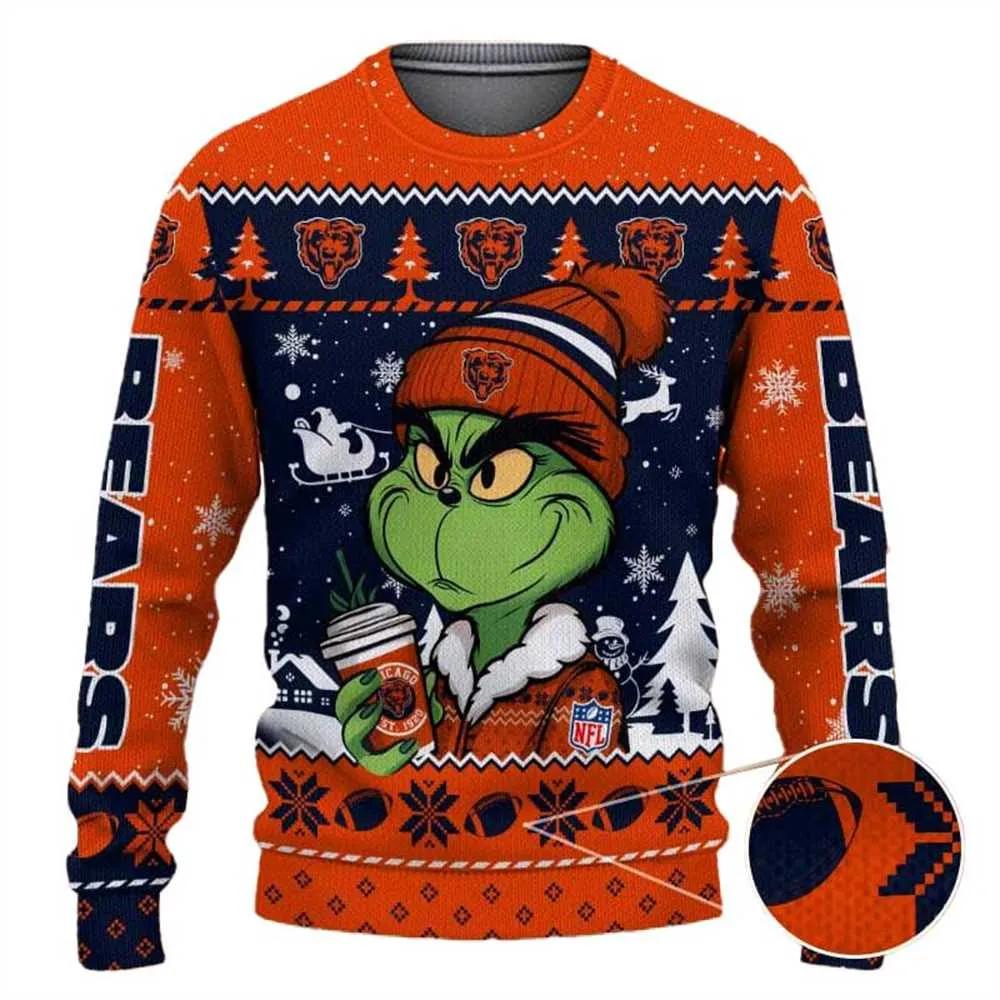 Chicago Bears The Grinch Drink Coffee Ugly Christmas Sweater, NFL Christmas Sweater Moonbestprint