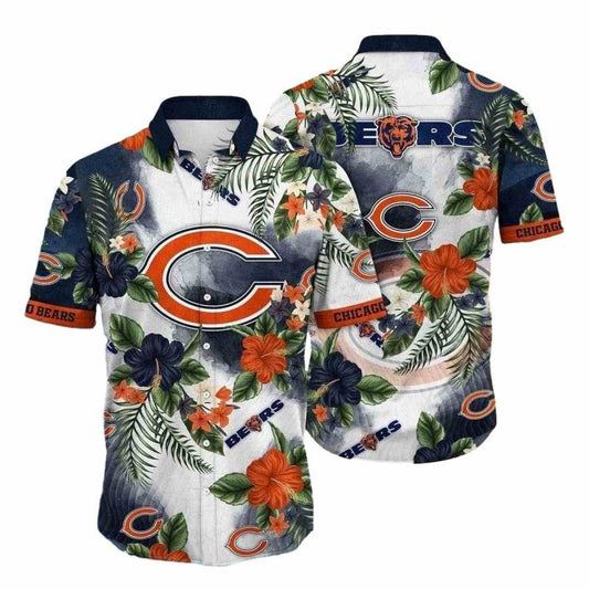 Chicago Bears Tropical Game Day Blue And Orange Hibiscus Hawaiian Shirt - Moonbestprint
