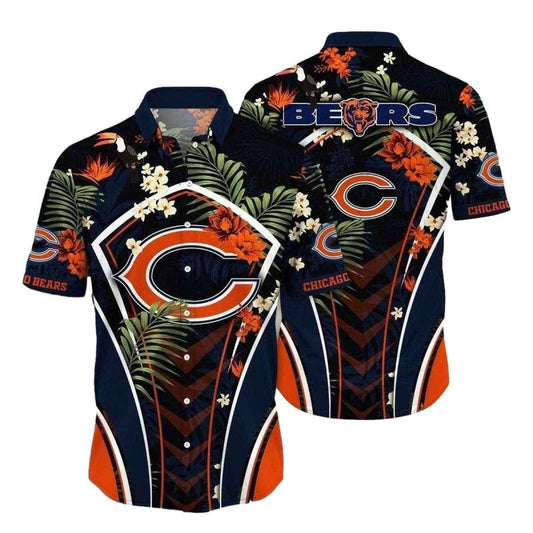 Chicago Bears Tropical Touchdown Navy Pattern Hawaiian Shirt - Moonbestprint