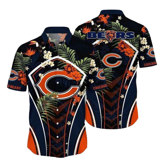 Chicago Bears Tropical Touchdown Navy Pattern Hawaiian Shirt - Moonbestprint