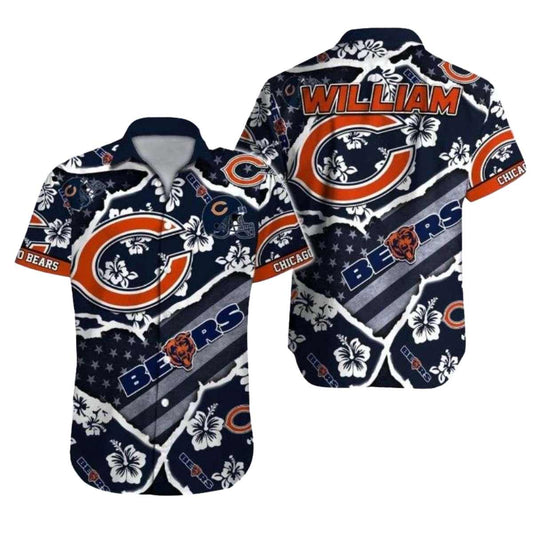 Chicago Bears US Flag And Hibiscus Hawaiian Shirt - Moonbestprint