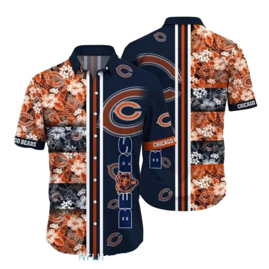 Chicago Bears With Floral And Striped Design Hawaiian Shirt - Moonbestprint