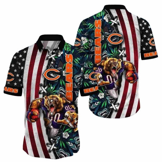 Chicago Bears ropical Bear Roar And US Flag Hawaiian Shirt - Moonbestprint