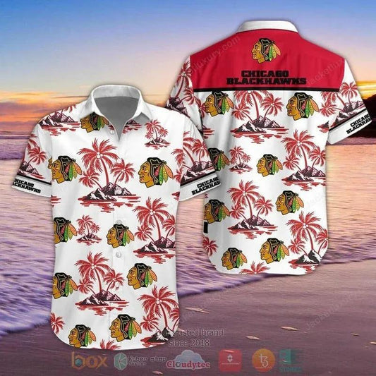 Chicago Blackhawks Coconut Tree Island Hawaiian Shirt, NHL Hawaiian Shirt Moonbestprint