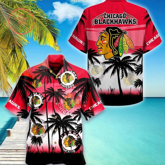 Chicago Blackhawks Coconut Tree Sunrise Hawaiian Shirt, NHL Hawaiian Shirt Moonbestprint
