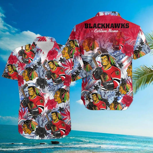 Chicago Blackhawks Custom Name Red Hibiscus Tropical Hawaiian Shirt, NHL Hawaiian Shirt Moonbestprint