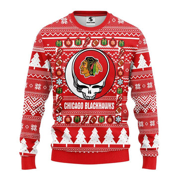 Chicago Blackhawks Grateful Dead Ugly Christmas Sweater, NHL Christmas Sweater Moonbestprint