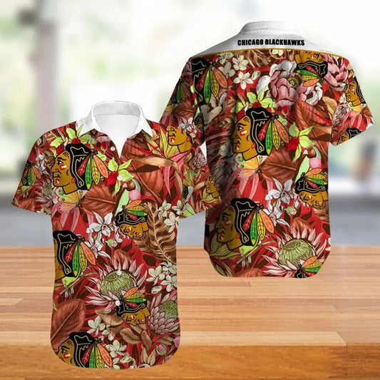 Chicago Blackhawks Hawaiian Shirt Big Floral Button Up, NHL Hawaiian Shirt Moonbestprint