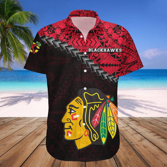 Chicago Blackhawks Hawaiian Shirt Grunge Polynesian Tattoo - NHL, NHL Hawaiian Shirt Moonbestprint
