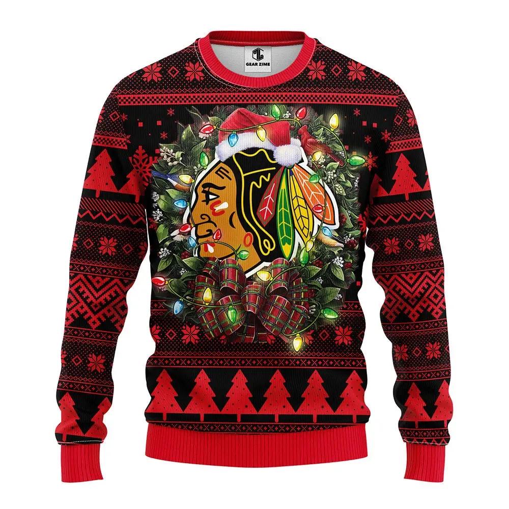 Chicago Blackhawks Santa Hat Ugly Christmas Sweater, NHL Christmas Sweater Moonbestprint