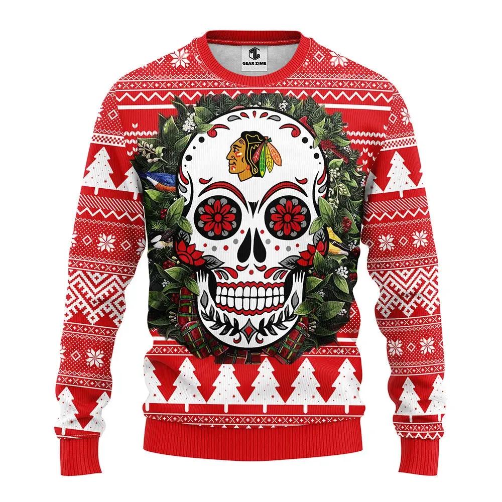 Chicago Blackhawks Skull Flower Ugly Christmas Sweater, NHL Christmas Sweater Moonbestprint