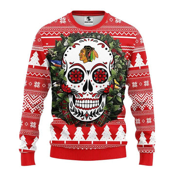 Chicago Blackhawks Skull Flower Ugly Christmas Sweater, NHL Christmas Sweater Moonbestprint