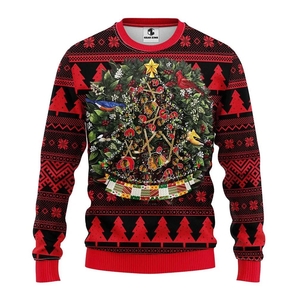 Chicago Blackhawks Tree Christmas Ugly Sweater, NHL Christmas Sweater Moonbestprint