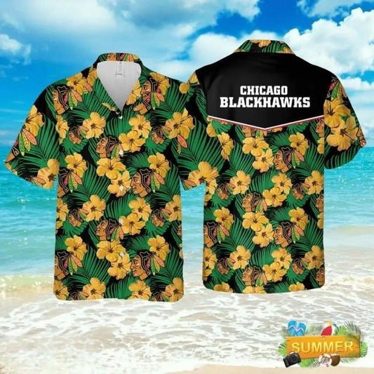 Chicago Blackhawks Yellow Hibiscus Hawaiian Shirt, NHL Hawaiian Shirt Moonbestprint