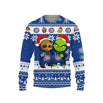 Chicago Cubs Baby Groot And Grinch Best Friends Ugly Christmas Sweater, MLB Christmas Sweater Moonbestprint