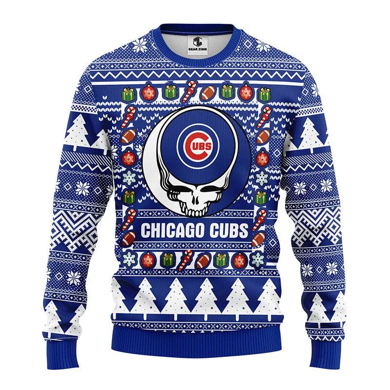 Chicago Cubs Grateful Dead Ugly Christmas Sweater, MLB Christmas Sweater Moonbestprint