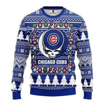 Chicago Cubs Grateful Dead Ugly Christmas Sweater, MLB Christmas Sweater Moonbestprint