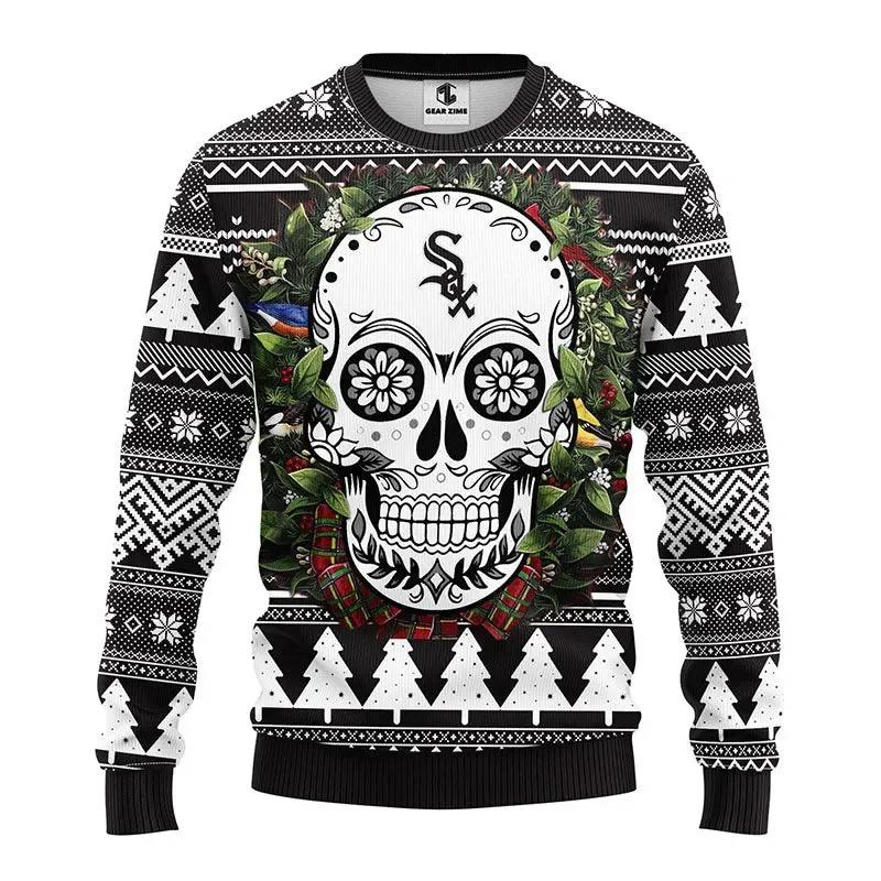 Chicago White Sox Skull Flower Ugly Christmas Sweater, MLB Christmas Sweater Moonbestprint