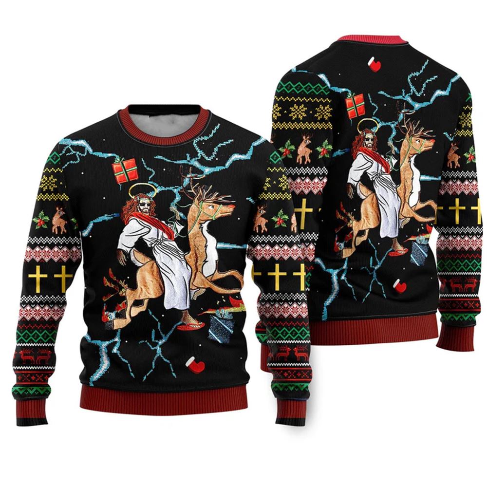 Christian Riding Reindeer Black Ugly Christmas Sweater - Moonbestprint