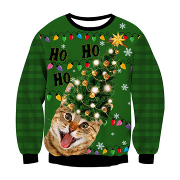 Christmas Tree Cat Print Crew Neck Ugly Christmas Sweatshirt - Moonbestprint