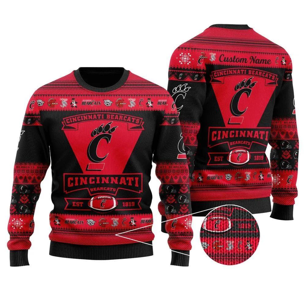 Cincinnati Bearcats Est 1819 Custom Name Ugly Christmas Sweater, NCAA Christmas Sweater Moonbestprint