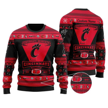 Cincinnati Bearcats Est 1819 Custom Name Ugly Christmas Sweater, NCAA Christmas Sweater Moonbestprint