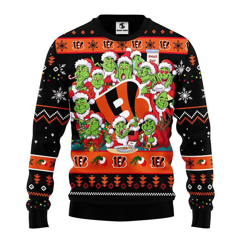 Cincinnati Bengals 12 Grinch Xmas Day Ugly Christmas Sweater, Grinch Xmas Sweater Moonbestprint