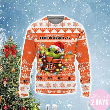 Cincinnati Bengals Baby Yoda Star Wars Christmas Light Ugly Sweater, NFL Christmas Sweater Moonbestprint