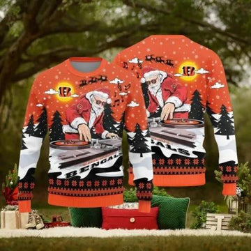 Cincinnati Bengals Christmas Funny DJ Santa Ugly Christmas Sweater, NFL Chritsmas Sweater Moonbestprint