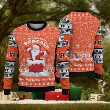 Cincinnati Bengals Fans Santa Claus Pattern Ugly Christmas Sweater, NFL Chritsmas Sweater Moonbestprint