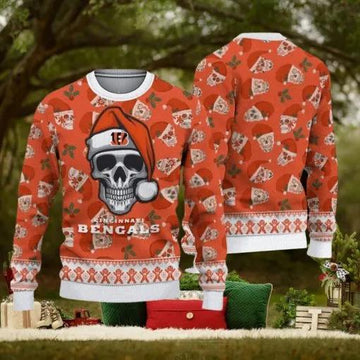 Cincinnati Bengals Fans Skull Sleigh Ugly Christmas Sweater, NFL Chritsmas Sweater Moonbestprint