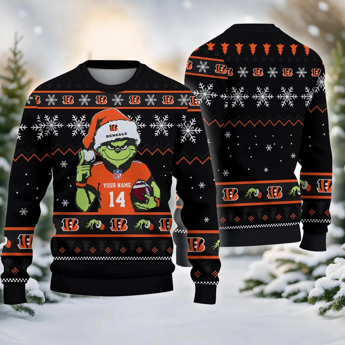 Cincinnati Bengals Grinch Custom Ugly Christmas Sweater, NFL Christmas Sweater Moonbestprint