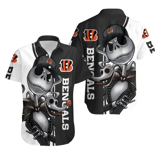 Cincinnati Bengals Jack Skellington And Zero Hawaiian Shirt Print Short Sleeve Hawaiian Aloha Shirt, NFL Hawaiian Shirt Moonbestprint
