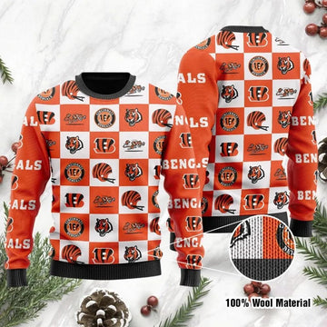 Cincinnati Bengals Logo Checkered Flannel Ugly Christmas Sweater, NFL Christmas Sweater Moonbestprint