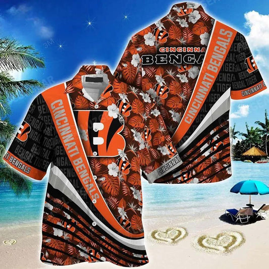 Cincinnati Bengals Nfl Football With Tropical Flower Pattern Hawaiian Shirt For Fans, NFL Hawaiian Shirt Moonbestprint