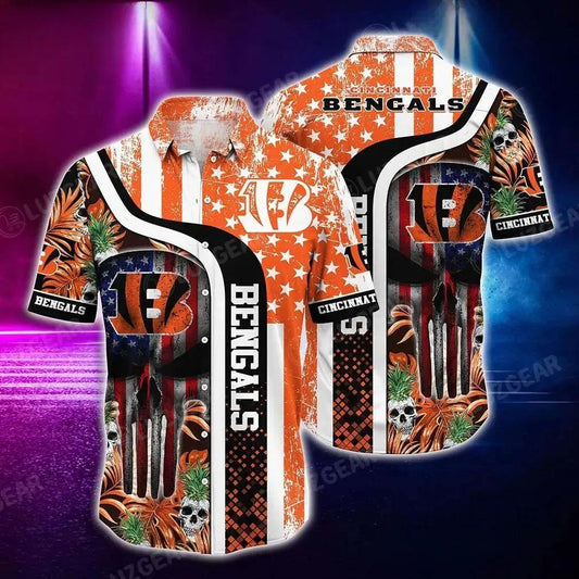 Cincinnati Bengals Nfl Hawaiian Shirt Graphic Tropical Pattern Skull Punisher 3D Printed Best Gift For Fans, NFL Hawaiian Shirt Moonbestprint