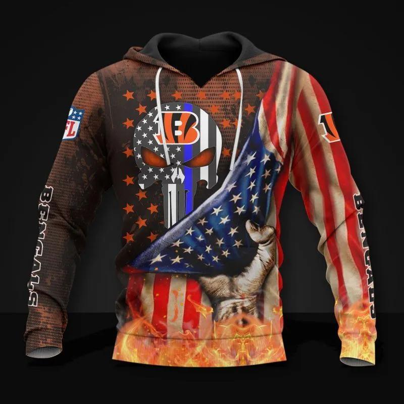 Cincinnati Bengals Skull American Flag All Over Print Hoodie, NFL Hoodie Moonbestprint