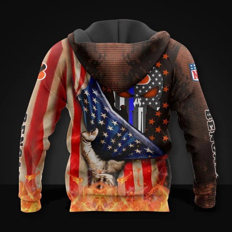 Cincinnati Bengals Skull American Flag All Over Print Hoodie, NFL Hoodie Moonbestprint