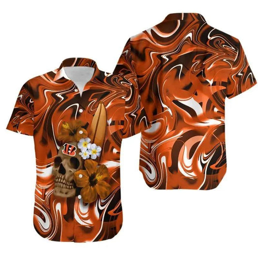 Cincinnati Bengals Skull And Hibiscus Flower Nfl Gift For Fan Hawaii Shirt Summer Collection, NFL Hawaiian Shirt Moonbestprint