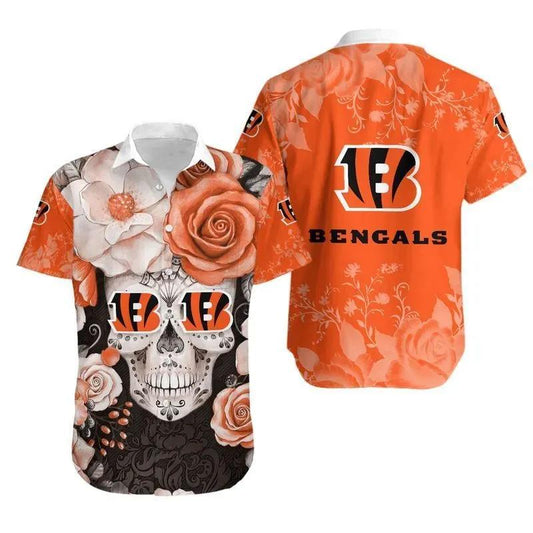 Cincinnati Bengals Skull Nfl Gift For Fan Hawaiian Graphic Print Short Sleeve Hawaiian Shirt, NFL Hawaiian Shirt Moonbestprint
