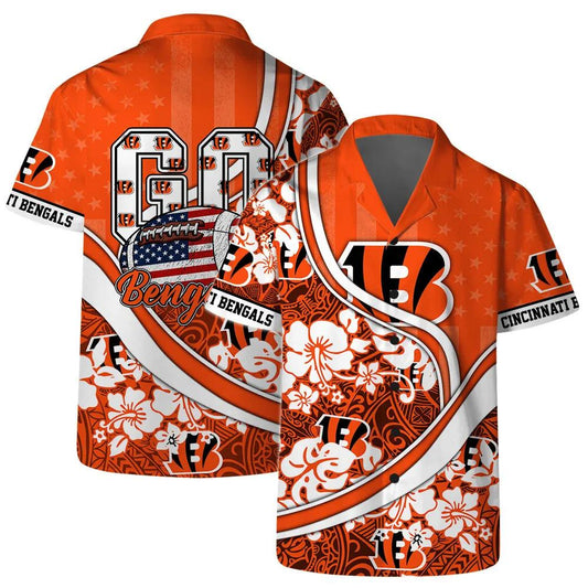 Cincinnati Bengals Team Logo Pattern US Flag Hawaiian, NFL Hawaiian Shirt Moonbestprint