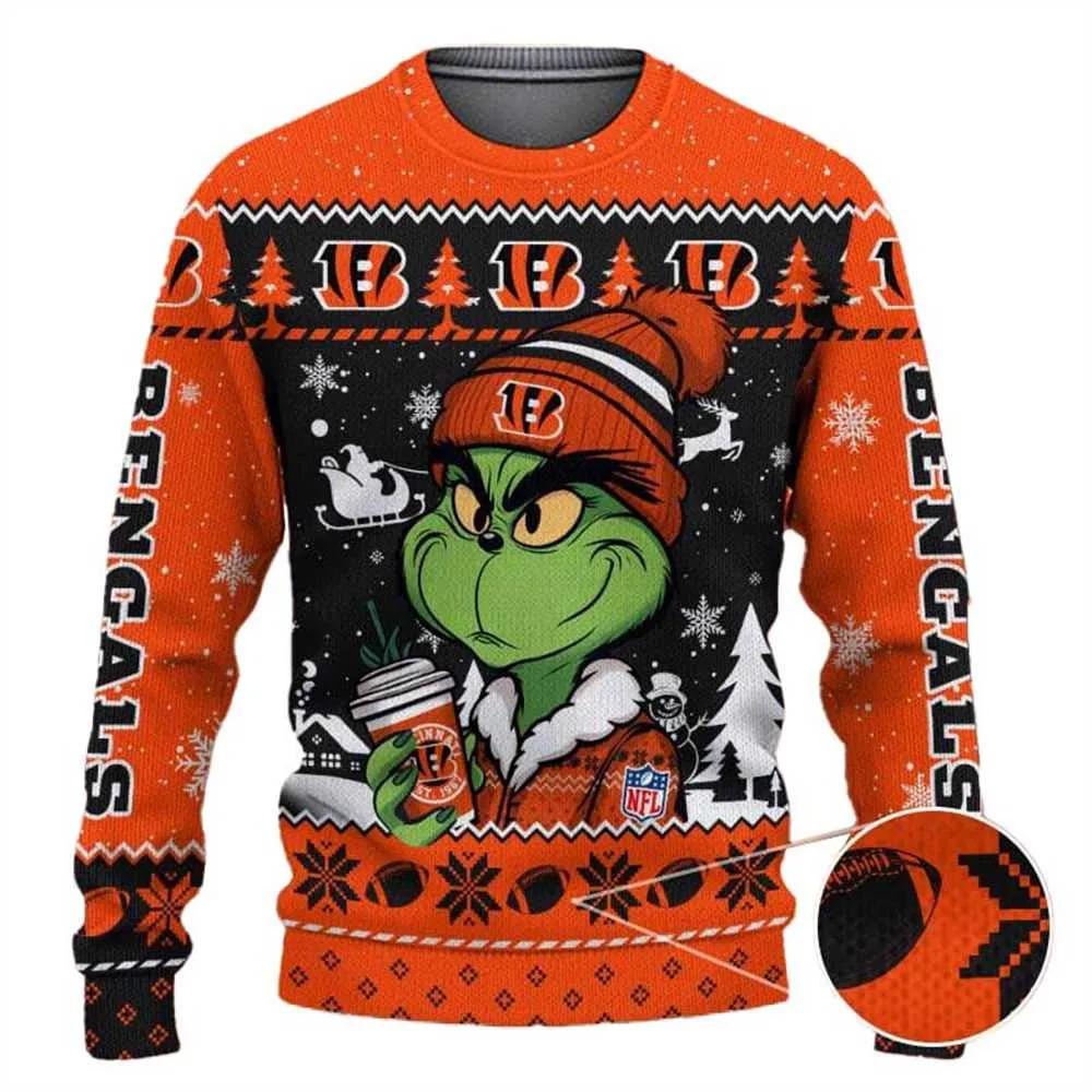 Cincinnati Bengals The Grinch Drink Coffee Ugly Christmas Sweater, NFL Christmas Sweater Moonbestprint