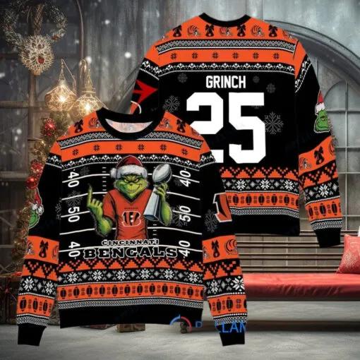 Cincinnati Bengals x Grinch Christmas Dr. Seuss How the Grinch Stole Christmas with Super Bowl Trophy Custom Ugly Christmas Sweater, NFL Chritsmas Sweater Moonbestprint